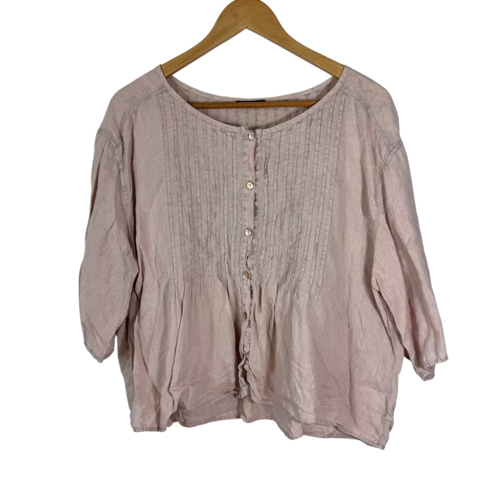 Oska Tan Distressed Washable Linen Smocked Pintuck Sz ESTIMATED: M